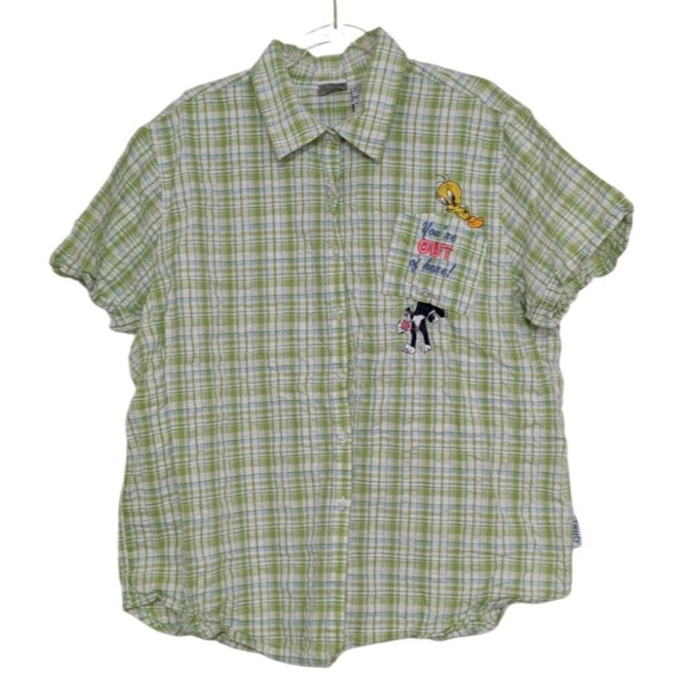 Vintage Looney Tunes Tweety Sylvester Shirt Womens Size XL Embroidered Plaid